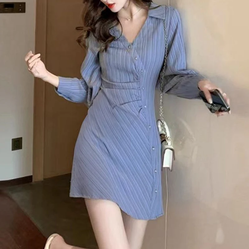 

Spring Autumn New V-neck Long Sleeve Fashion Mini Dress Women High Street Striped Dresses Elegant Slim All-match Chic Vestidos