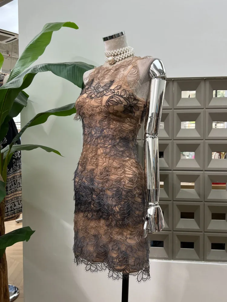 DFDG Vestido de noche de encaje transparente 2025 para mujer, ajustado, sin mangas, de malla, de tul, diseño único, para primavera y verano