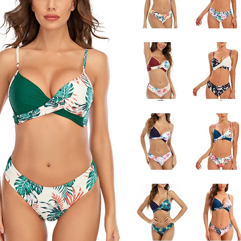 

Asymmetrical Print Bikini Push Up Women 2 Piece Set Swimsuit Sexy Cross Ruched Split Bathing Suit Female Pool Party Beach Outfit