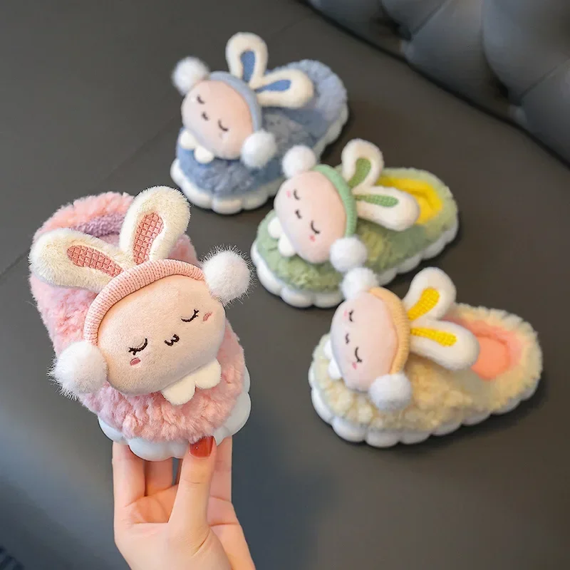 Children's Cotton Slippers Winter Princess Shoes Warm Kids Cute Rabbit Cartoon Furry Shoes Little Girl Soft Sole Baby Slippers