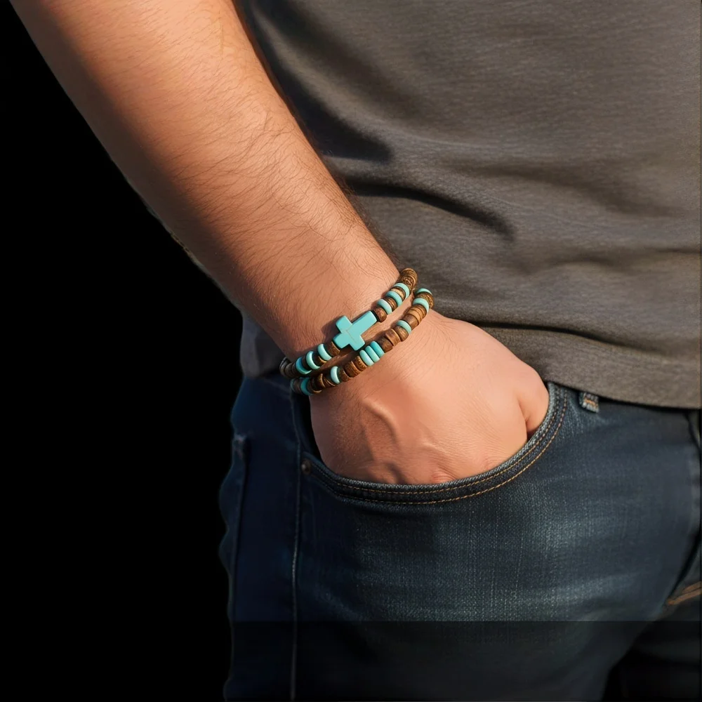 Boho Mehrlagiges Holzperlen-Armband Vintage Kreuz Herren Kokosnuss-Armband Schmuck Modisches Sommer-Accessoire – Detail 1