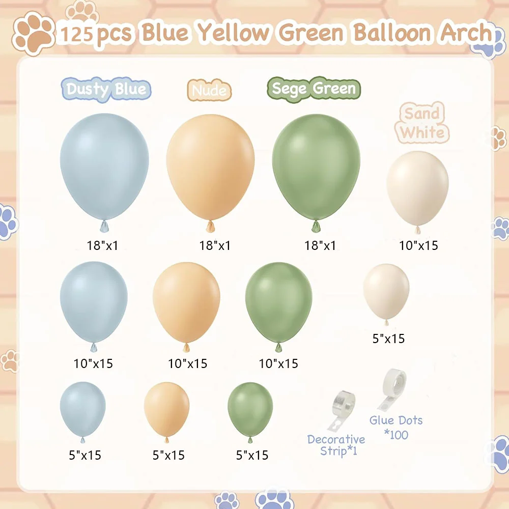 125pcs Blue and Yellow Balloon Garland Arch Kit, Sage Green Sand White Balloons for Classic Bear Themed Baby Shower Decorations - view 2