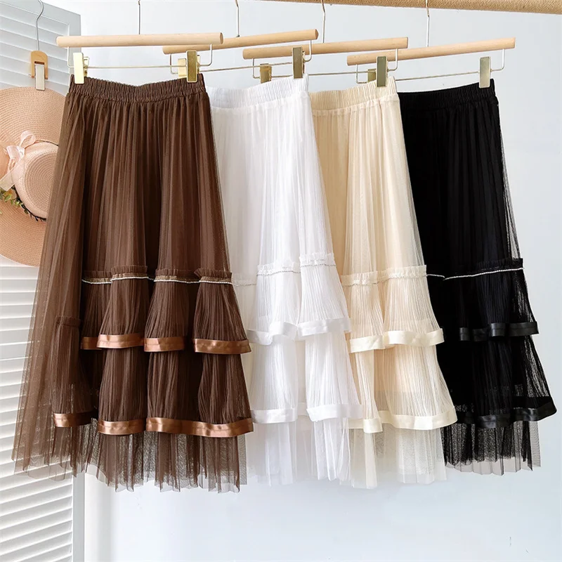 

Green Beige Ribbon Patchwork Ruffes Tulle Skirt Women 2022 New Spring Summer Midi Long Pleated Skirt Female Jupe Longue