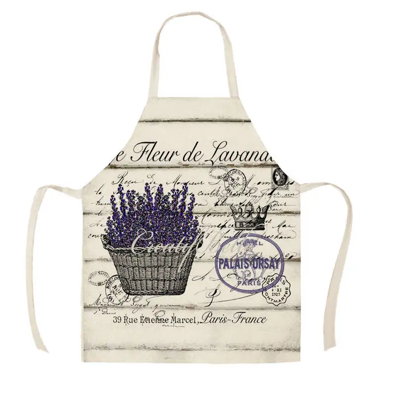 New Lavender Pattern Linen Kitchen Apron Home Cooking Baking Cleaning Supplies Adult Restaurant Kitchen Antifouling Apron