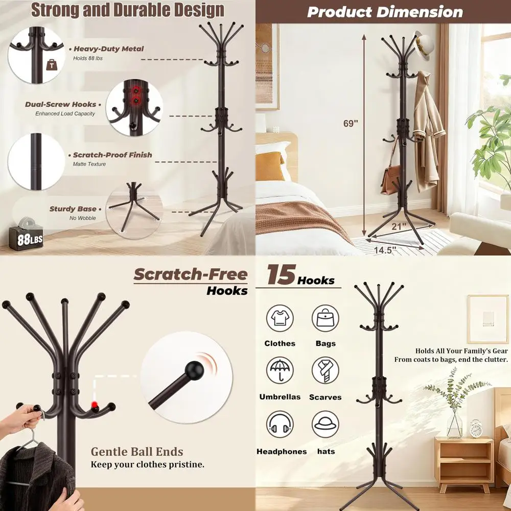 

15-Hook Standing Coat Tree, Durable Hat and Bag Rack for Entryway, Bedroom, or Office, Brown