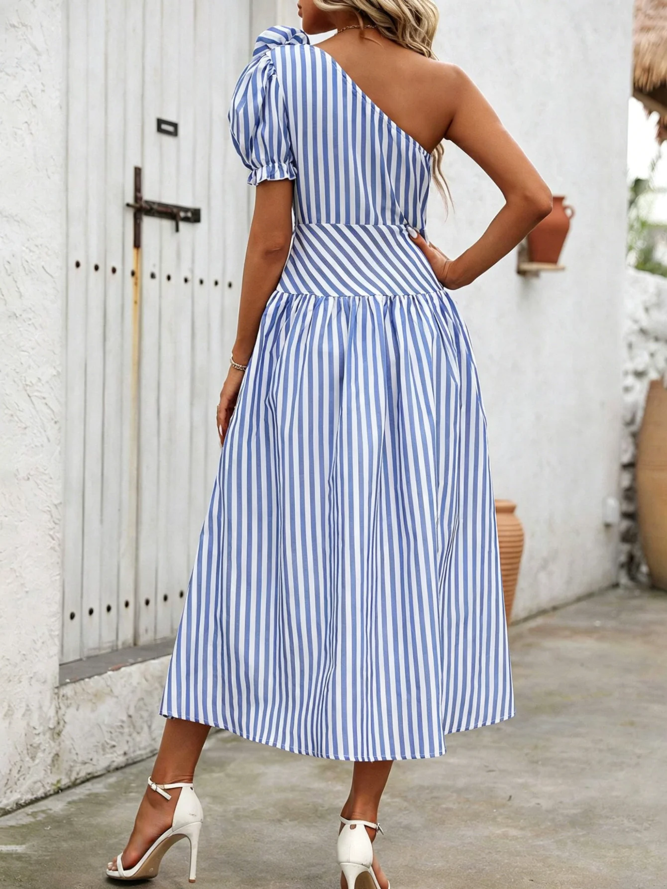 Blue White Striped One Shoulder Midi Dress Floral Applique Slit A-Line Dress  Summer Casual Party Vacation Sundress - AliExpress 200000345