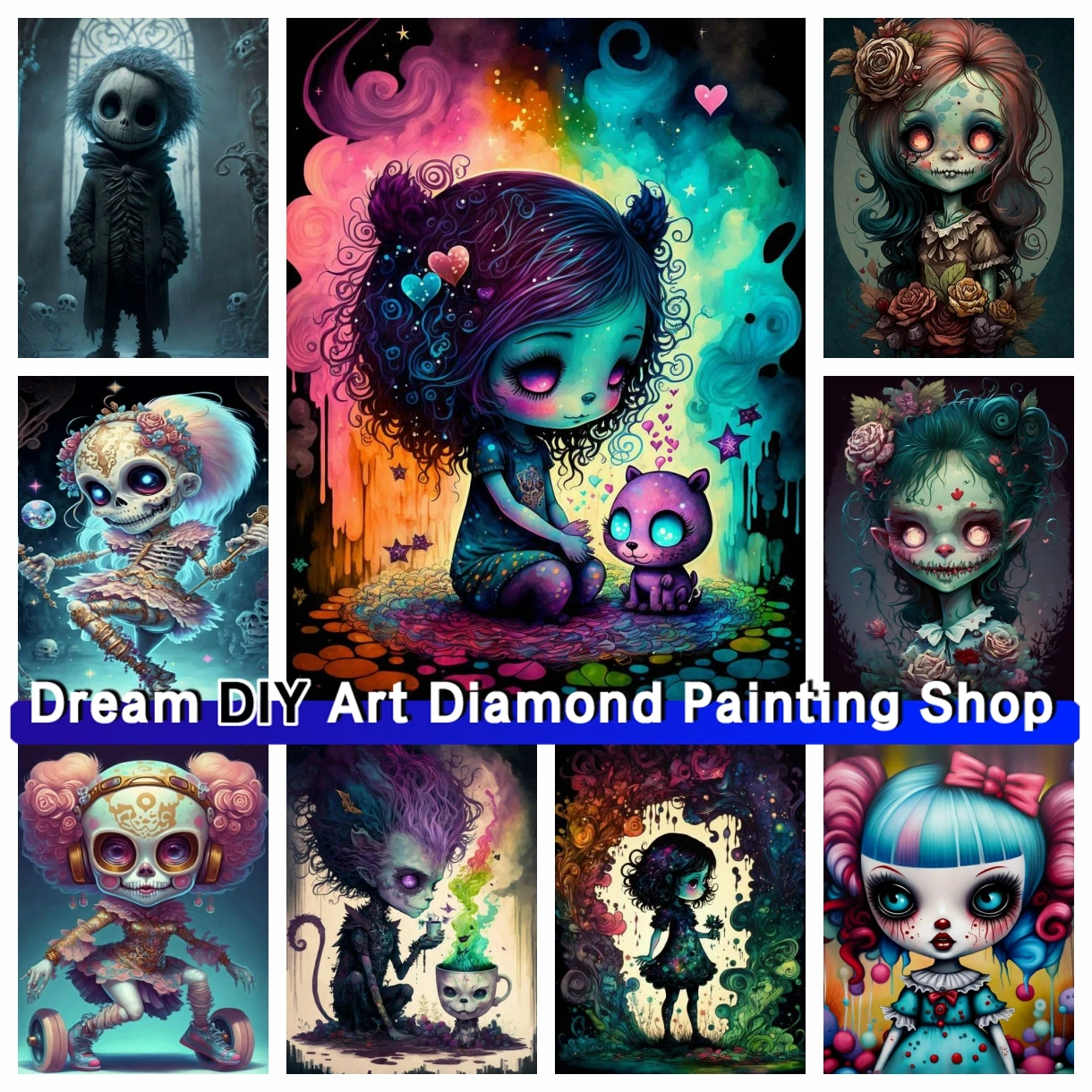 

Cartoon Colored Doll Diamond Painting Horror Skeleton Zombie Mosaic Square Round Cross Stitch Rhinestones Embroidery Home Decor