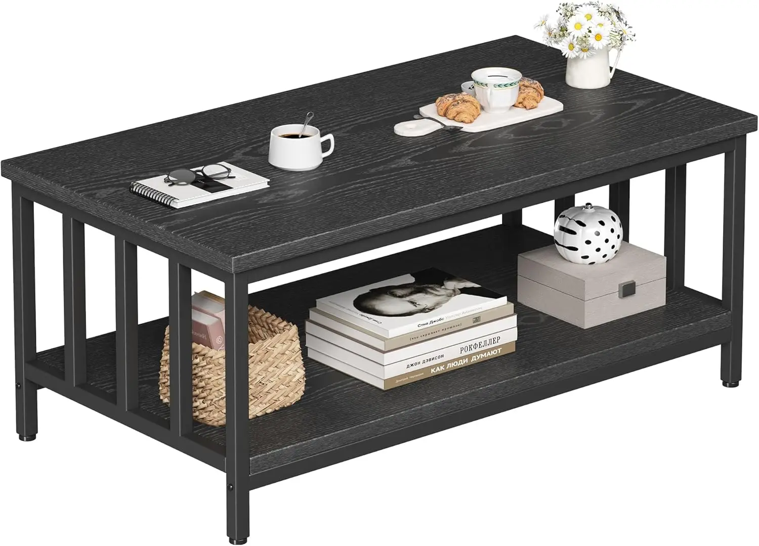 Coffee Table for Living Room with Slatted Sides Frame, Modern Farmhouse Living Room Table with 2-Tier Storage Shelf
