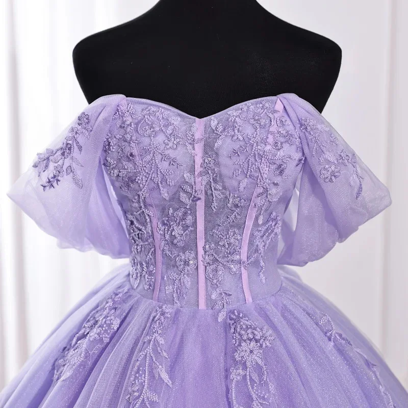 2026 New Women's Sexy Off-Shoulder Embroidered Purple Evening Gown Fashion Slimming Floor-Length Tie-Up Princess Dress