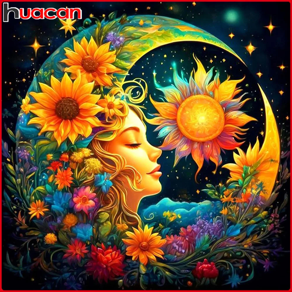 Huacan 5D-Diamantgemälde zum Selbermachen, Dame, Sonnenblume, Mond, Diamantmosaik, Porträt, Blume, neue Kollektion, dekorative Gemälde