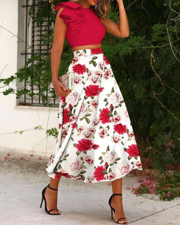 BKLD Two Piece Set 2024 New Sleeveless Ruffle Red Crop Top Fashion Floral Print A-Line Skirt Set Night Club Outfit Clothes Women