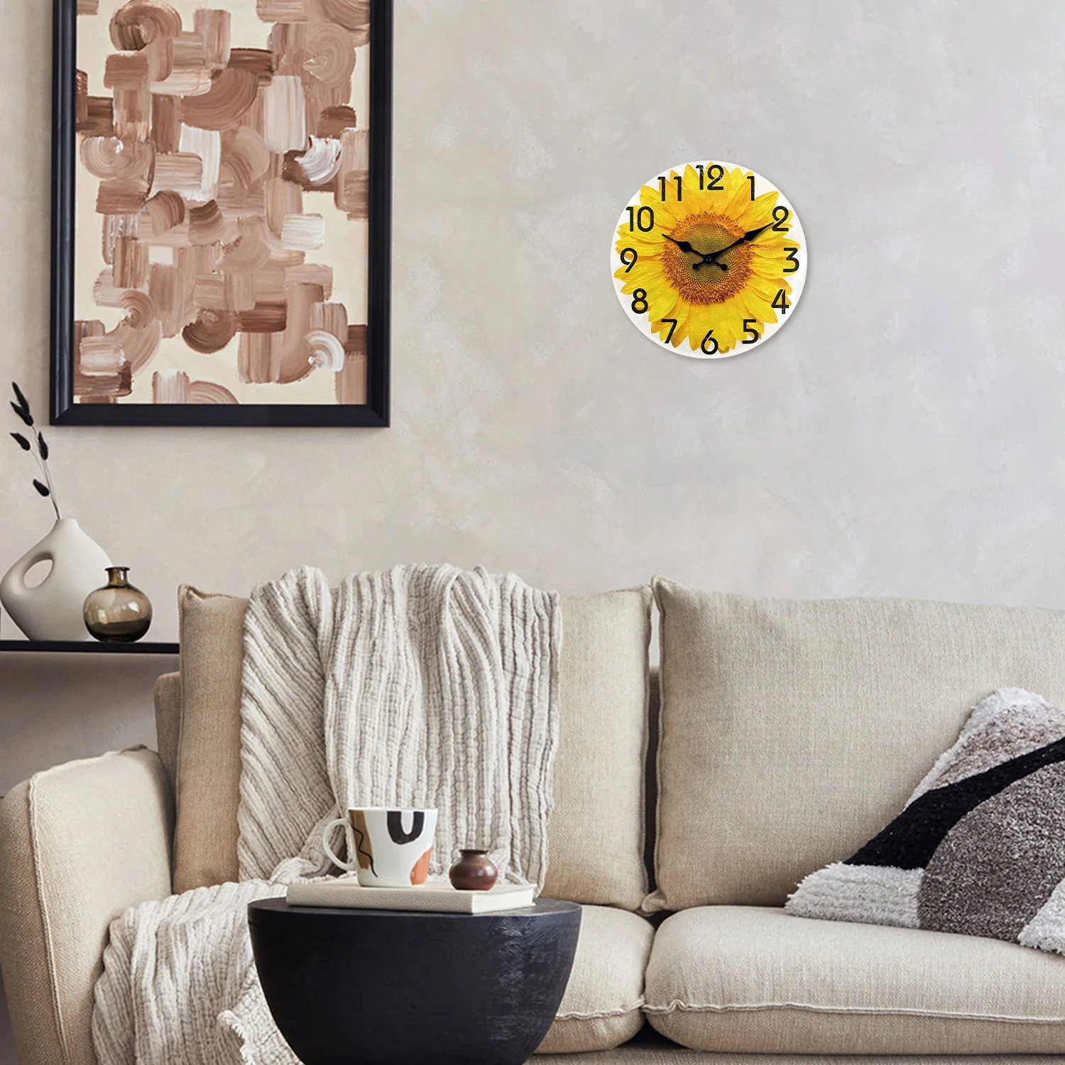 Modern Sunflower Oil Painting Pattern Wooden Wall Clock Living Room Bedroom Kitchen Home Decor Silent Quartz Clock Holiday Gift 10 Inch 12 Inch 14inch 16inch (No Battery)