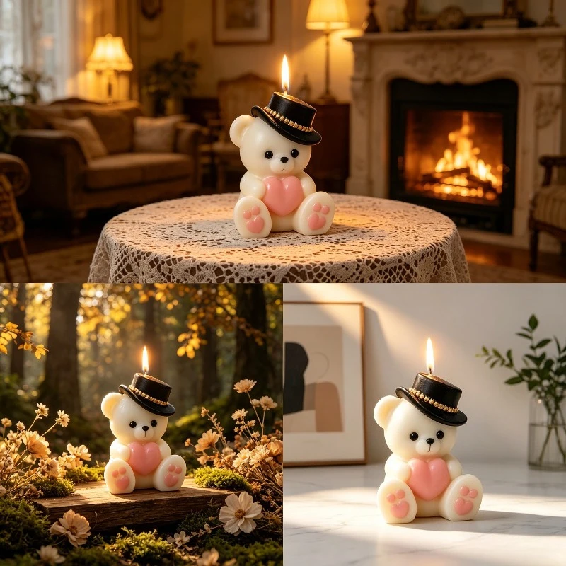 smiling bear wearing a hat and making a heart gesture;an irregularly shaped DIY mold suitable for making candles,wedding gifts