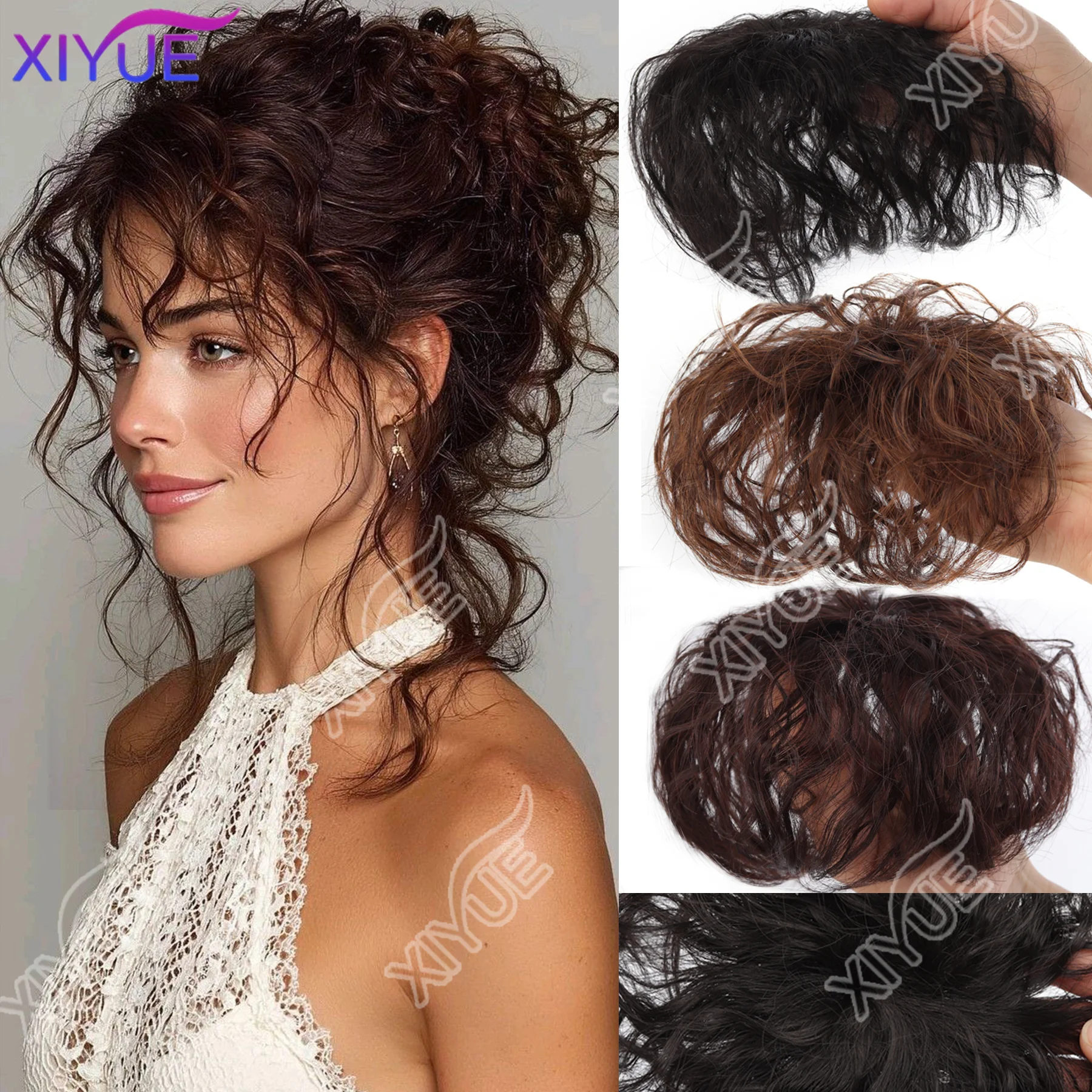 3D Bangs Invisible Short Curly Synthetic Topper Wigs Seamles