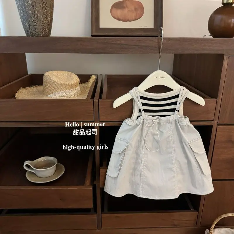 

Baby girl summer set fashionable new children's striped vest+suspender skirt two-piece set