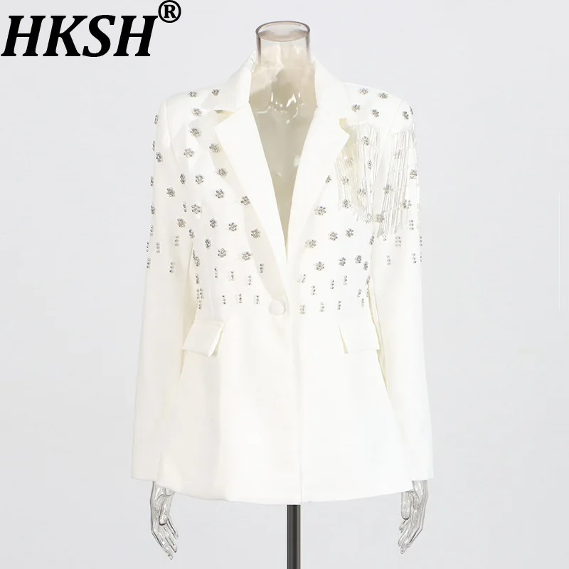 

HKSH Spring Autumn New Women Blazer Beaded Tassel Single Button Pockets Slim Fit Socialite Elegant Fashion Trendy Jacket HK16865