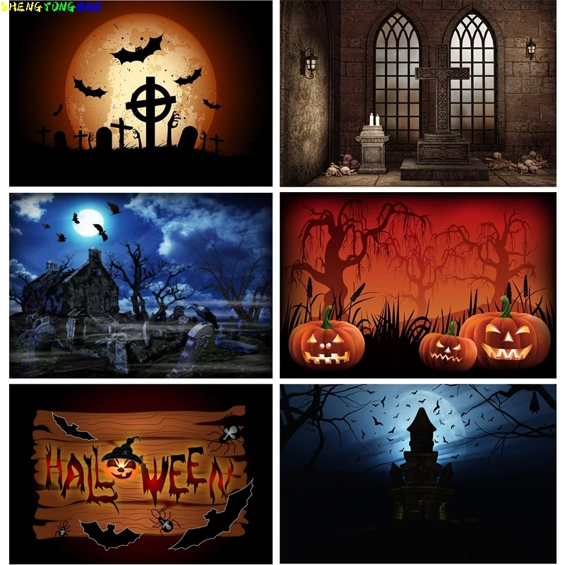 

Halloween Backdrop Pumpkin Lantern Castle Forest Moon Tombstone Baby Photography Background For Photo Studio Props 21819 NG-09