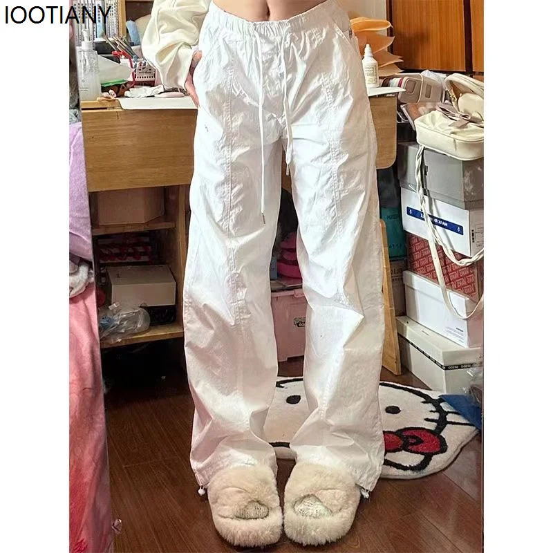 Streetwear Cargo Pants Women Parachute Pants Oversized Pure Color Wide Leg Trousers Y2k Casual Joggers With Drawstring Waist