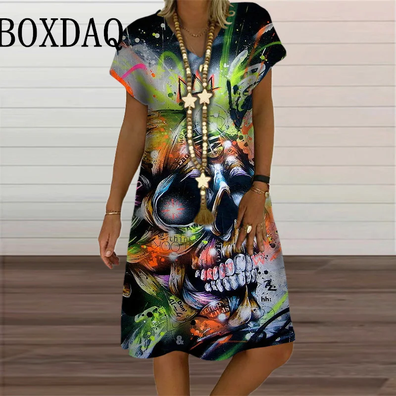 Summer 3D Flower Print Dress For Women Terror Skull Oversize Casual Loose V-Neck Short Sleeve Dress Street Fashion Party Clothes