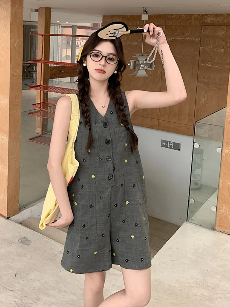 

ay Floral Print One-Piece Summer Suit for Women Svel High Waist Wide Leg Commute Sle ort Pants High Quali