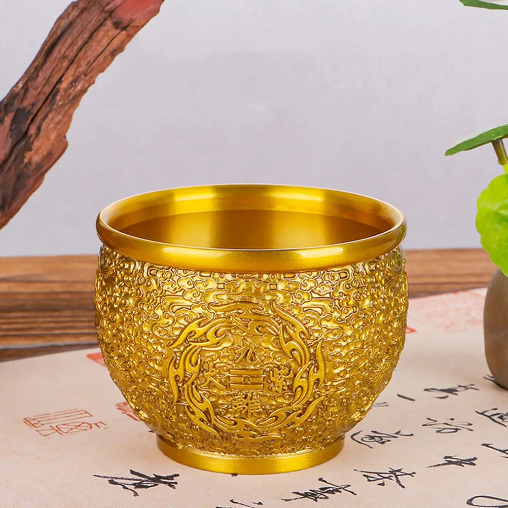 Brass Wealth Luck Bowl Golden Tone Storage Basin Fortune Desktop Decoration Treasure Figurine Home Desk Accessory