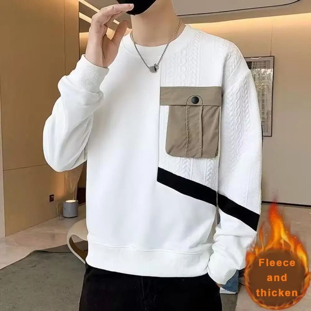 

Soft Sweatshirt Men's Round Neck Applique Pocket Patchwork Sweatshirt Soft Breathable Long Sleeve Pullover for Fall Spring Daily