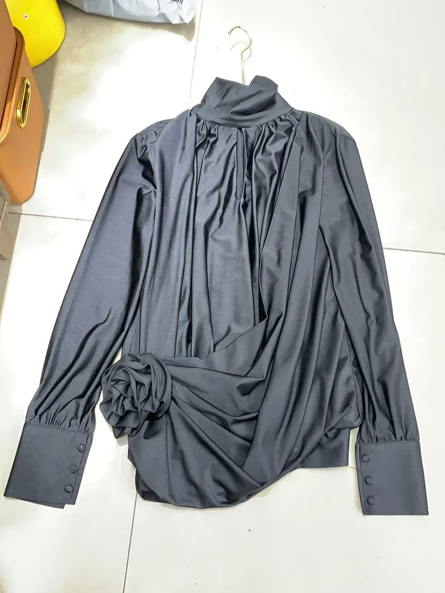 TWOTWINSTYLE Solid Spliced Appliques ชุดผู้หญิงเสื้อคอเต่าแขนยาวเอวสูง Hollow OUT อารมณ์ชุดหญิงใหม่