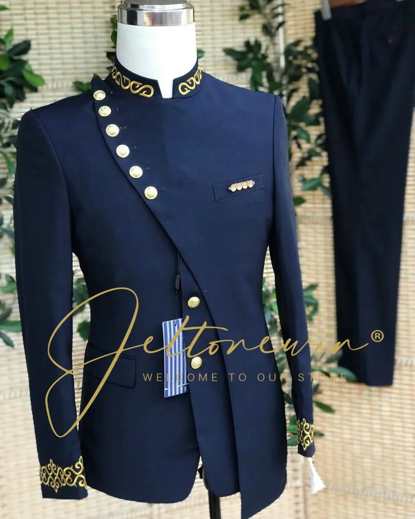 Men's Navy Blue Suit Set with Gold Embroidery and Asymmetrical Lapel Slim Fit Formal Wear for Wedding Groomsmen Party Event