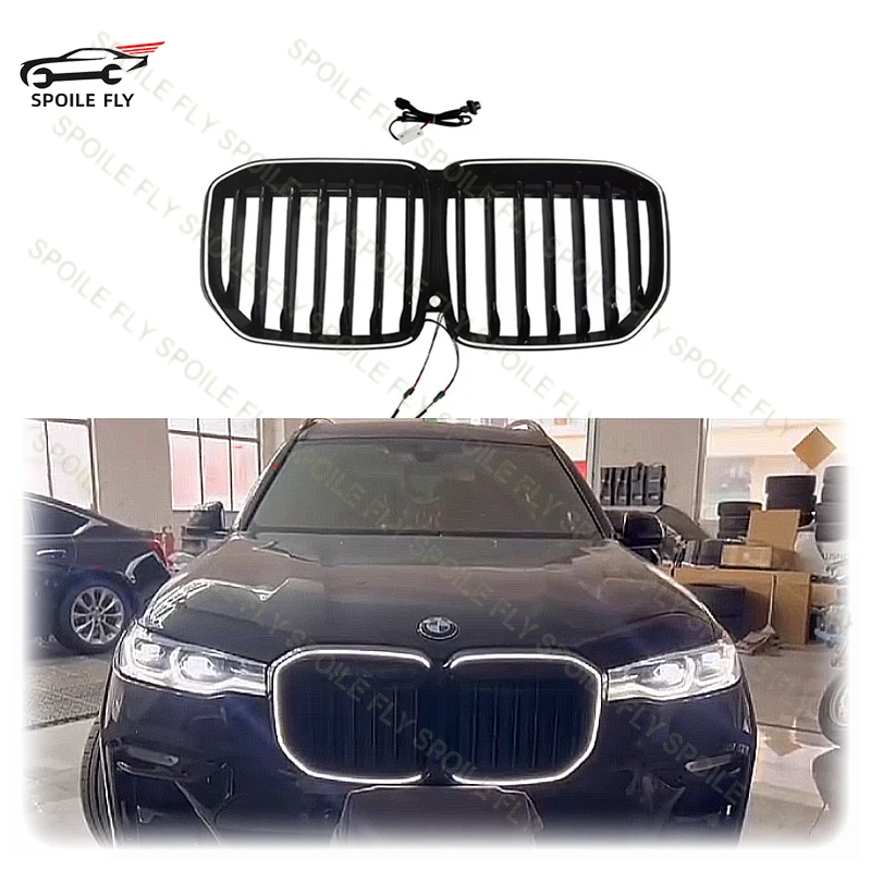 

For BMW X7 G07 2019 2020 2021 2022 Single/Dual Slat Style With LED Light LampGrille Racing Grill Car Upper Bumper Hood Mesh Grid