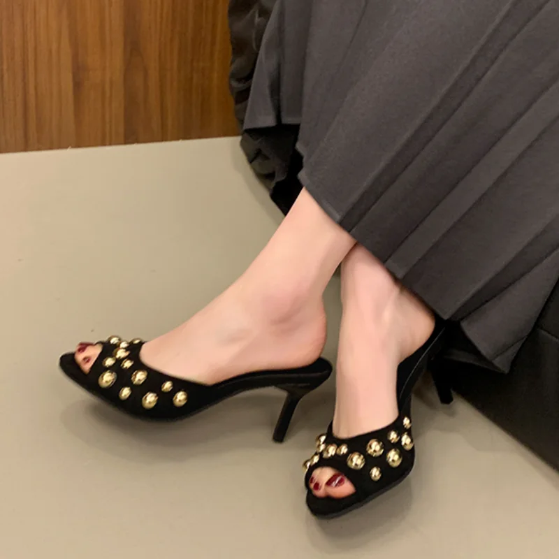 2025 Studded Peep Toe  Stiletto Slip on Gold Rivets Decor Classic Sexy Women Summer Sandals Dress Party Daily Casual Single Shoe