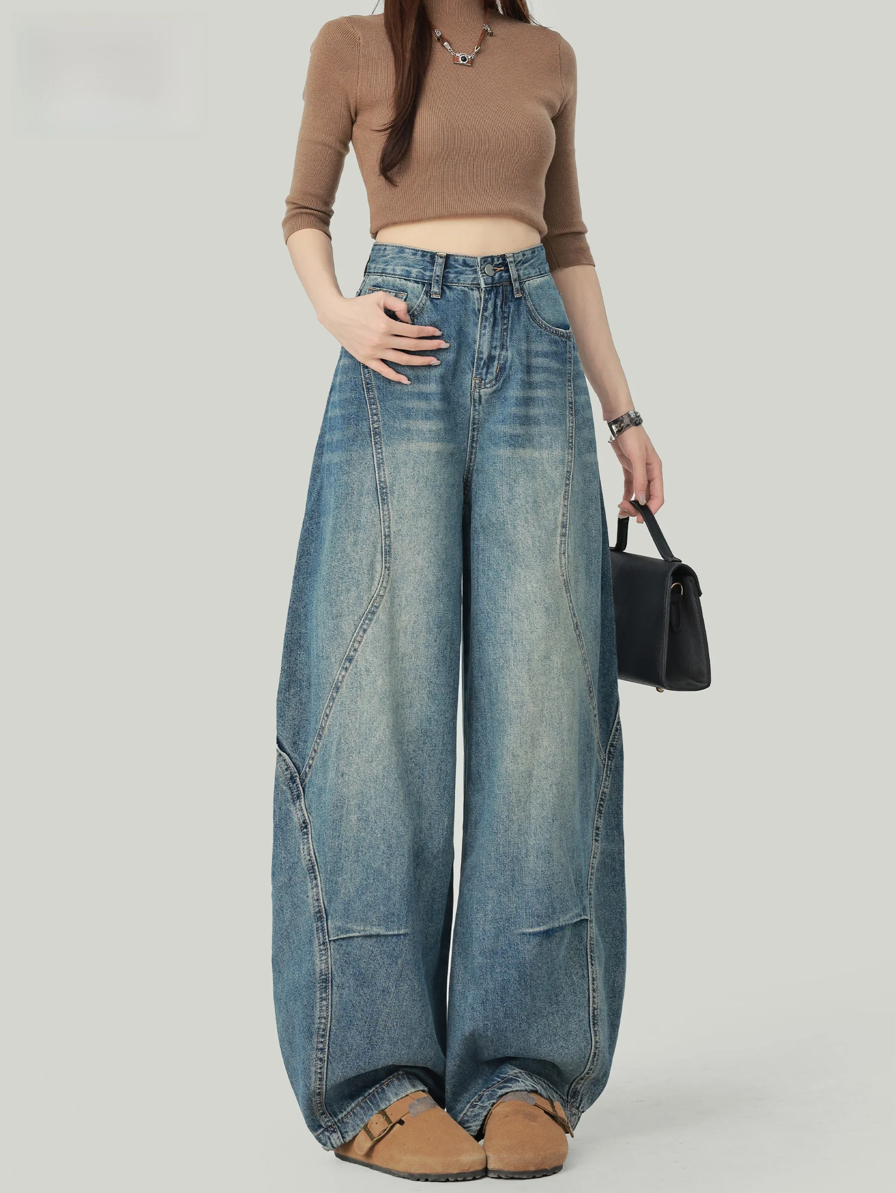 

Джинсы женские в американском стиле с высокой талией, свободного кроя, с рваными элементами, широкие брюки для узкого круга аудитории