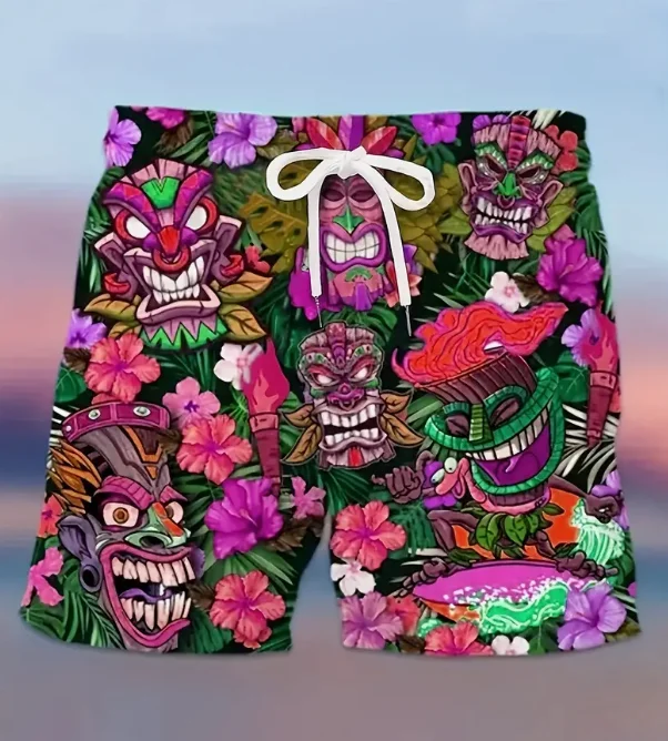 Men\'s Trendy Vibrant Colors Floral Tiki Pattern Print Active Shorts Drawstring Beach Shorts Summer Beach Resort Hawaiian Shorts