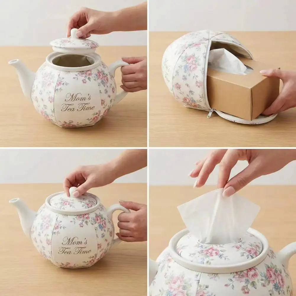 

Teapot Tissue Box Cover Vintage Floral Teapot Tissue Holder Cover Tea Time Decorative Fabric Napkin Dispenser Teapot Tissue Box