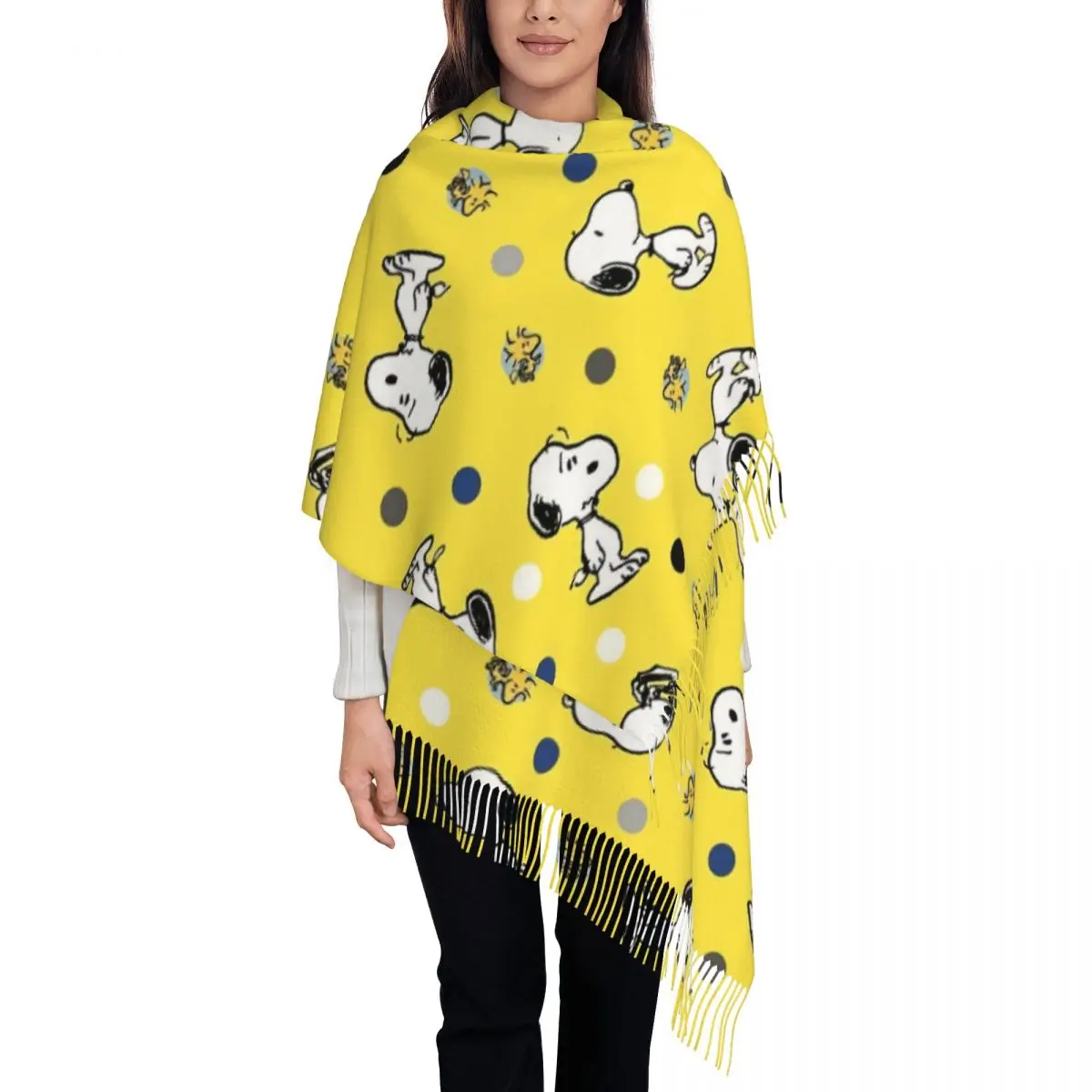 

Custom Luxury Snoopy Woodstock Cartoon Beagle Tassel Scarf Women Winter Warm Shawl Wrap Female Scarves