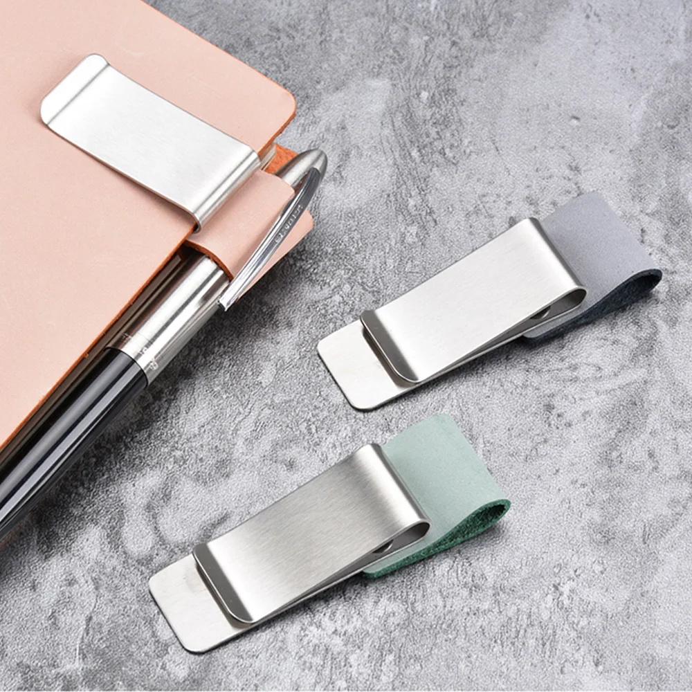 Genuine Leather Pen Clip Stainless Steel Pencil Cover School Student Stationery Retro Notebook  Accessories