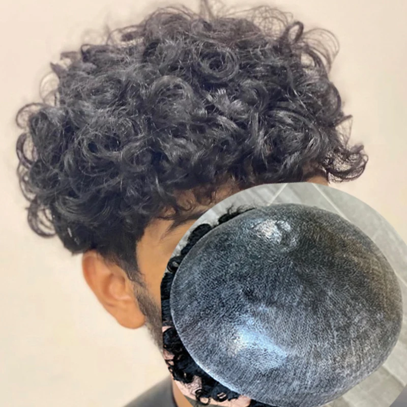 Afro Black Men 26mm Curly Human Hair Prosthesis Capillary Natural Hairline Gray Old Men Toupee 1B80 1B65 1B40 Hairpieces System