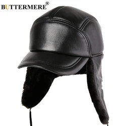 BUTTERMERE Bomber Hat Leather Black Men Ushanka Hats With Earflap Thicker Russian Hats Winter Warm Genuine Leather Male Fur Caps