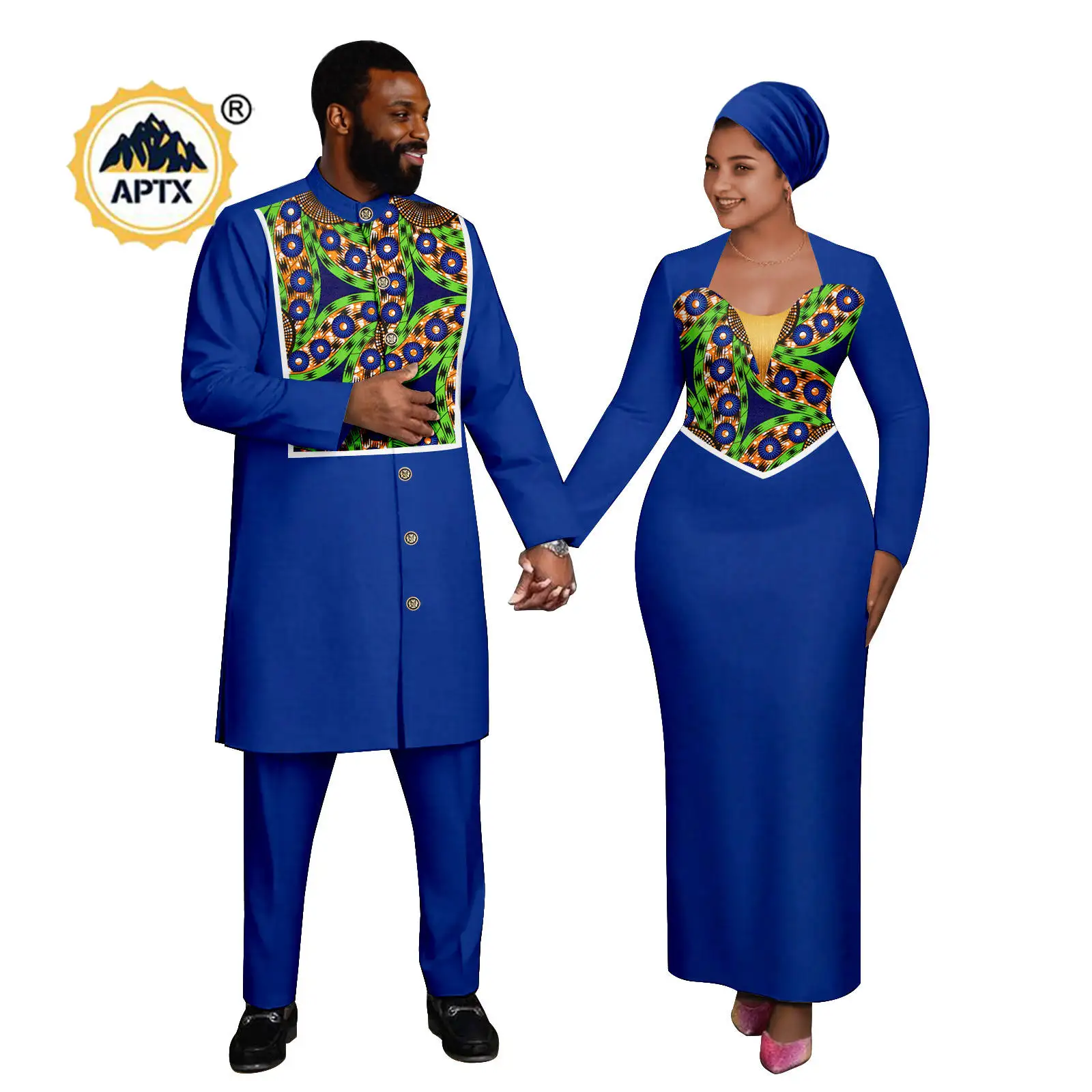 

African Sexy Dresses with Headwrap for Women Matching Couple Outfits African Clothes Dashiki Men top Jacket and Pant Sets 25C085