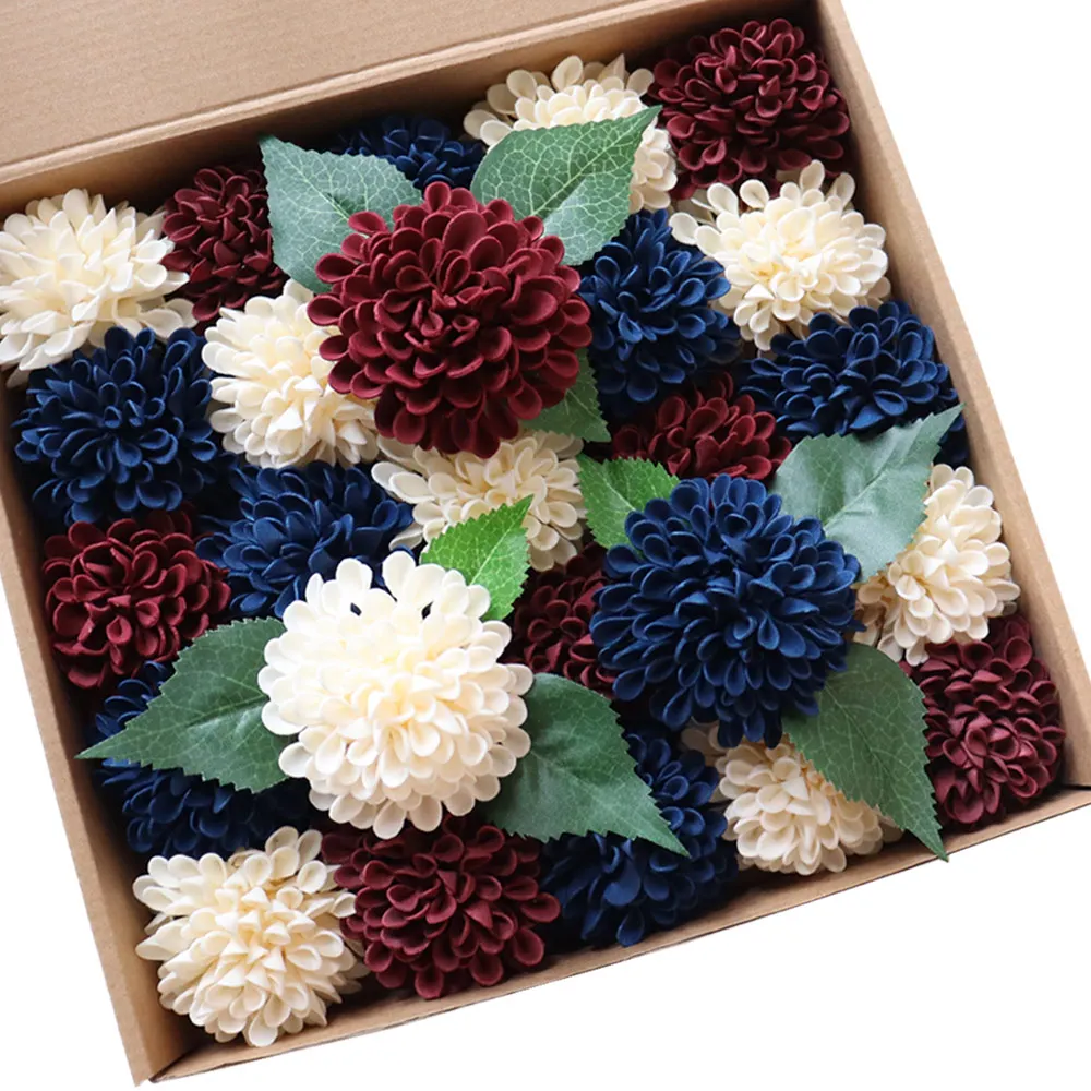 

D-Seven Artificial Flowers 25pcs Navy/Burgundy/Cream Dahlia Daisy Flowers with Stem for DIY Wedding Bouquets Floral Cake Decor