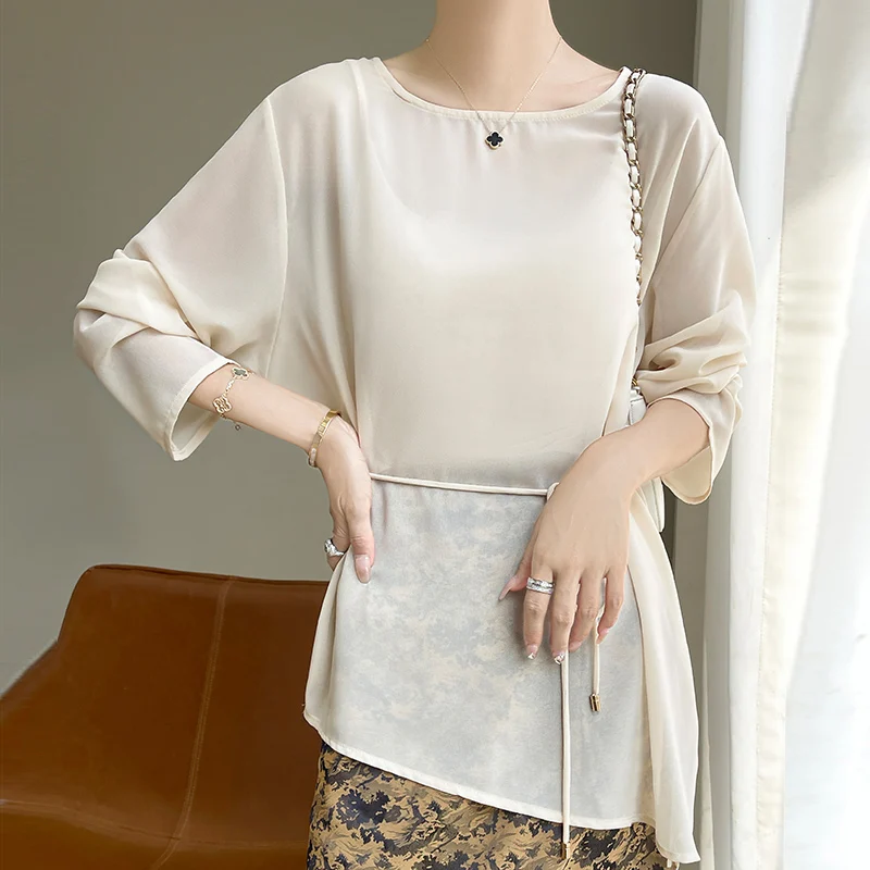 Women's Lightweight Irregular Shirts Summer Loose Semi-Transparent Long Sleeve T-shirt Sun Protection Clothing
