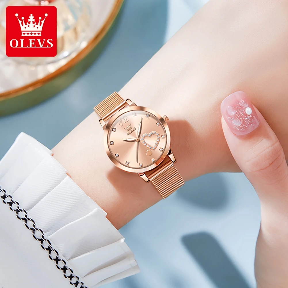 OLEVS 5189 Quartz Watch Women Top Brand Luxury Elegant Rose Gold Loving Heart Design Watches  Mesh Waterproof Wristwatch Gifts