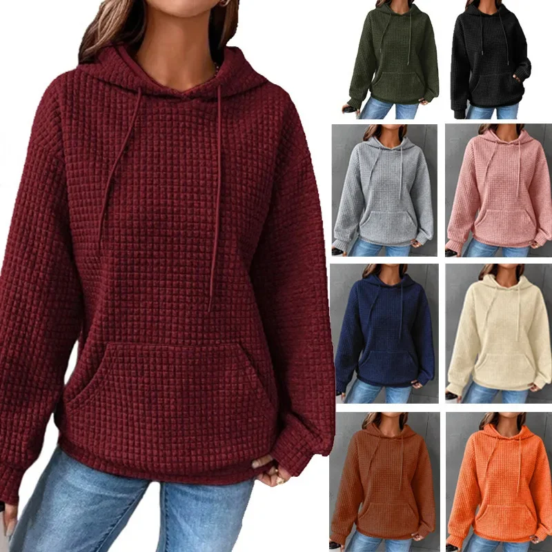 

Women's Solid Color Sweatshirt Autumn/Winter Hooded Sweatshirt Waffle Round Neck Long Sleeve Sweatshirt