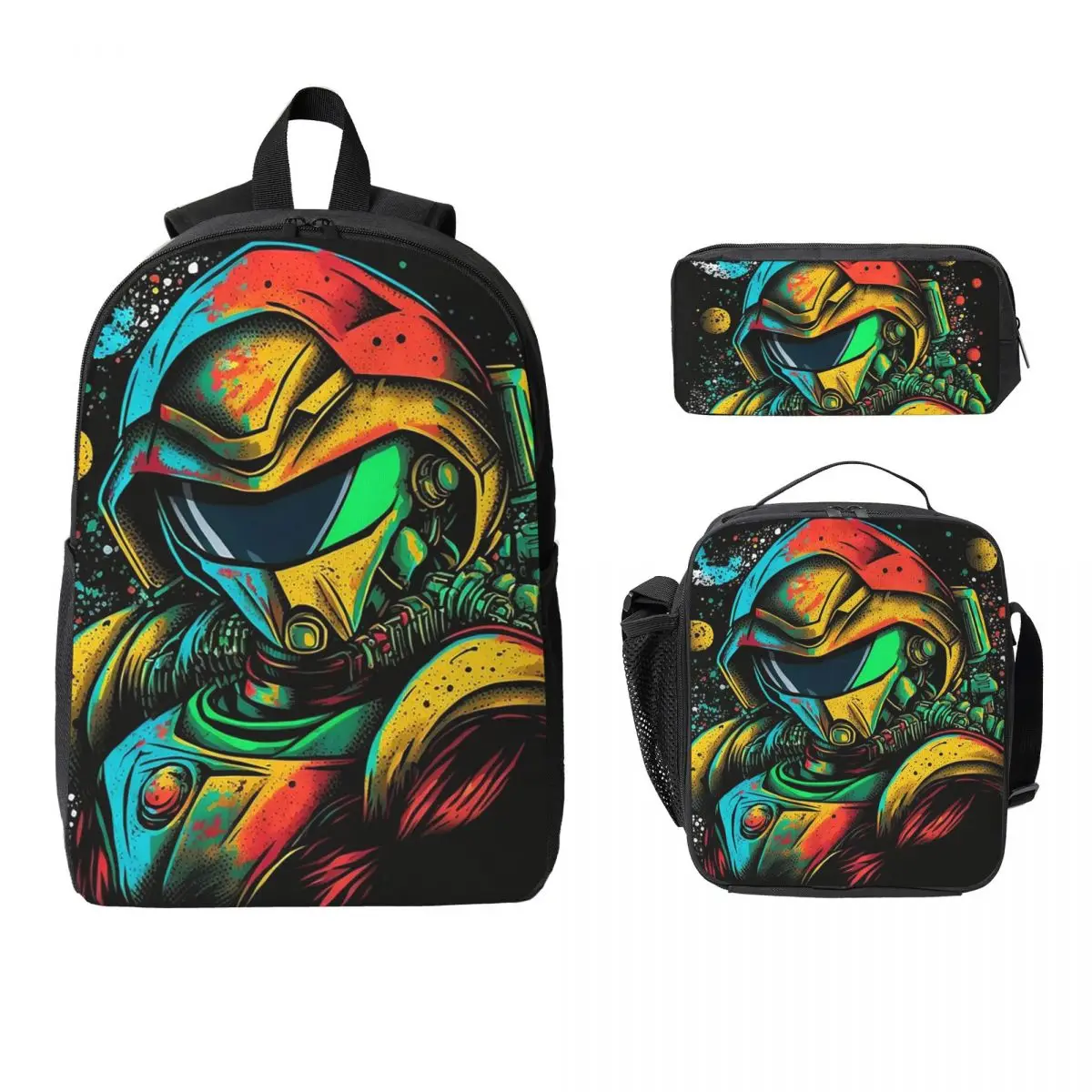 

Metroid Samus Aran Metroid Graffiti Stylized Backpack Student Boys Girls BookBag School Bag 3ps Insulated Lunch Bag Pencil Case