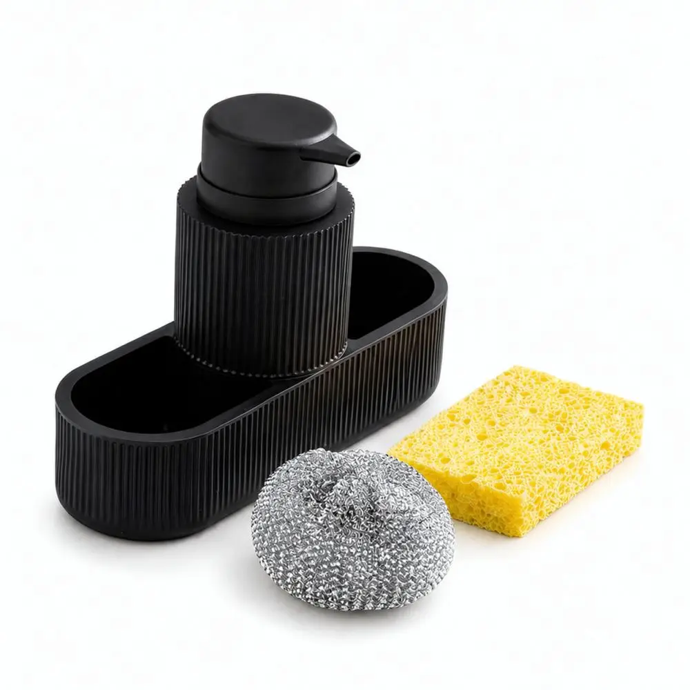 Manual Liquid Soap Dispenser Set For Kitchen Sink Black Resin Sponge Caddy Storage Rack Bathroom Countertop Cleaning Tool