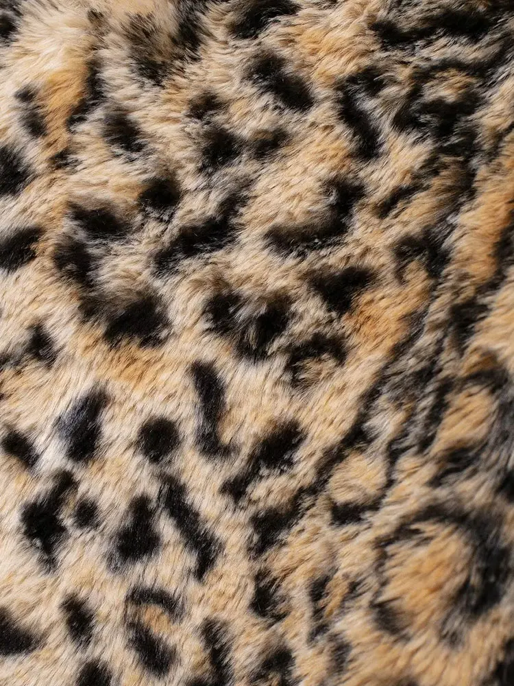 TRAF 2024 Autumn Winter Vintage Chic Women Leopard Fur Jackets Warm Long Sleeve Button Pockets Loose Coats Fashion Outwears