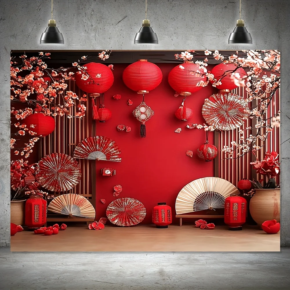 VIKAMA الاحتفال بالعام الجديد نسيج أحمر البرقوق فانوس غرفة المعيشة حائط الخلفية مهرجان الربيع غرفة الديكور