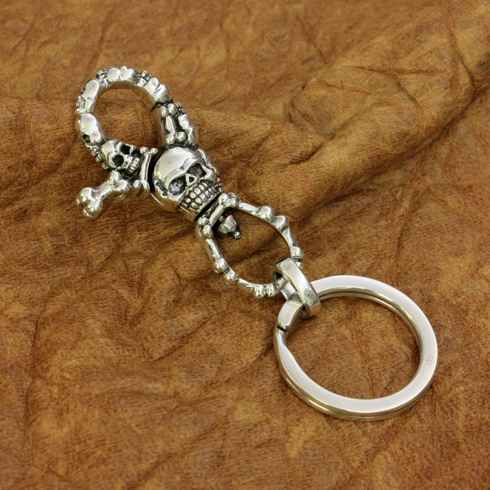 LINSION High Detail 925 Sterling Silver Skull KeyRing Punk Keychain Biker DIY Accessory TA200