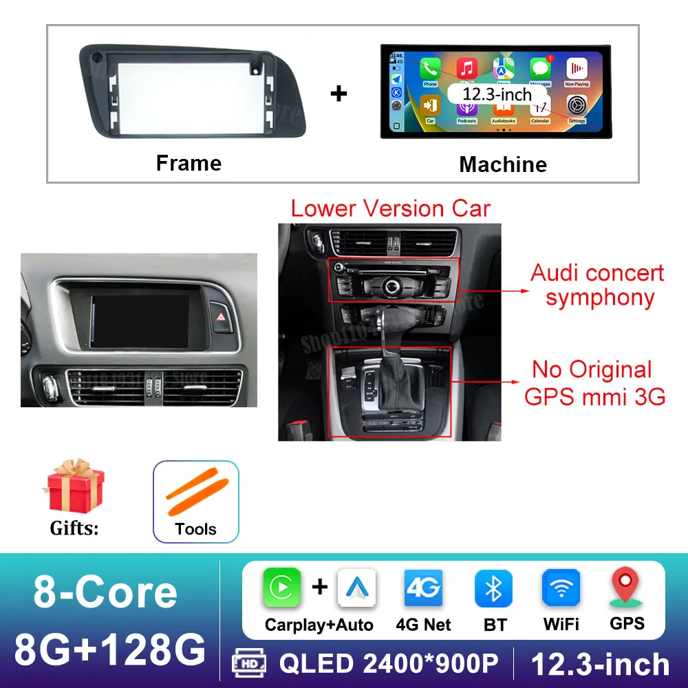 12,3 inch GPS Navigatie Draadloze Carplay Android 16 voor Audi Q5 2009 - 2017 BT Auto Multimedia Video Radiospeler 4G Auto Gereedschap