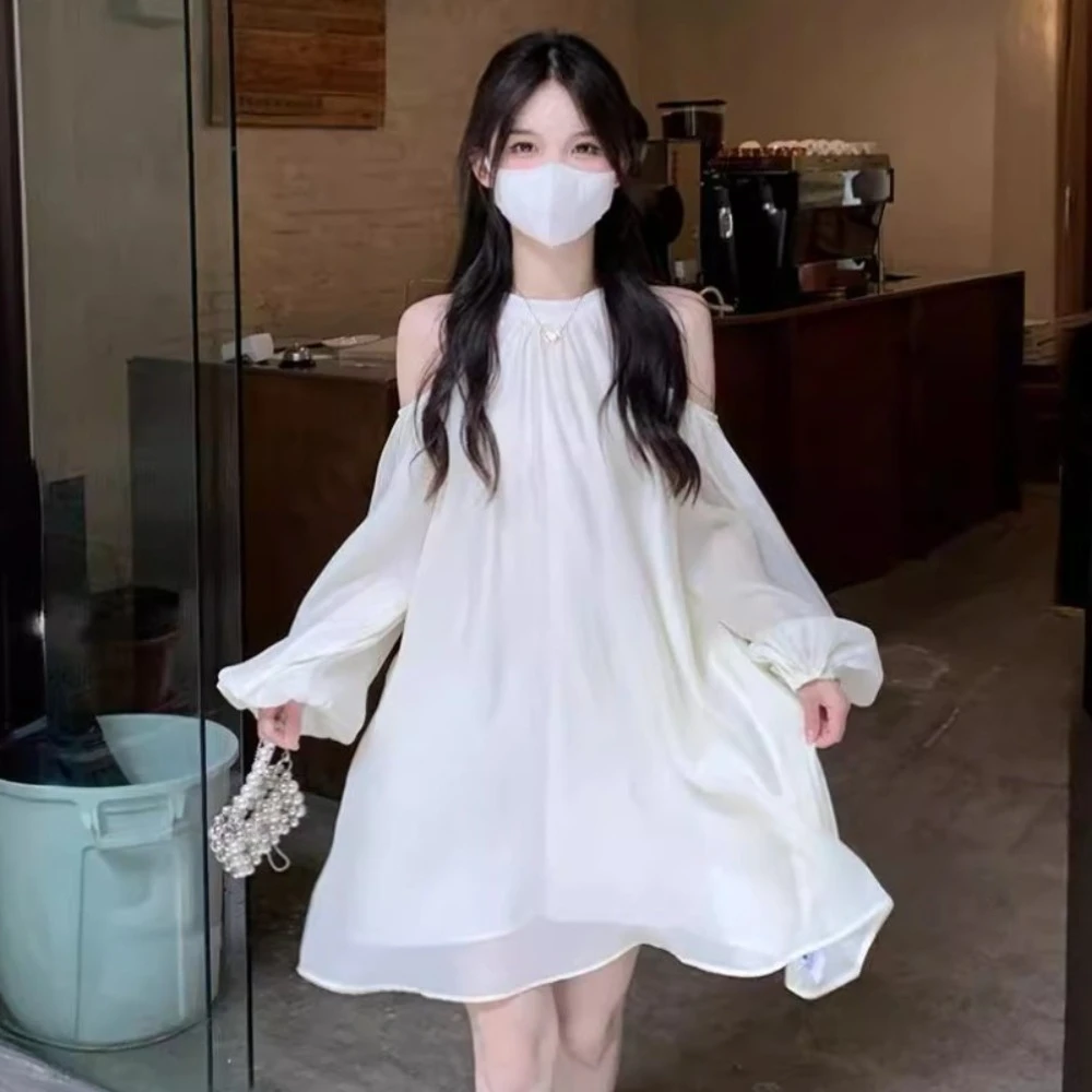 

Temperament A-line Off Shoulder Halter Dress Off Shoulder Beachwear Lace-up Short Skirts Streetwear White Dresses Women Girls