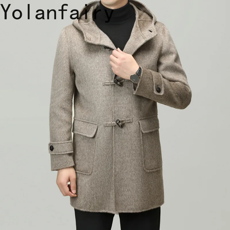 YOLANFAIRY 100% Wool Men Jacket Double-sided Pure Woolen Clothes for Man Jackets Versatile Casual Mid Length Hooded Coat Casacos
